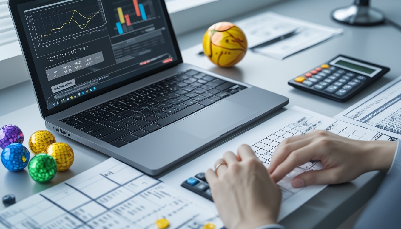Meja kerja modern dengan laptop, kalkulator, dan lembaran berisi grafik serta angka, menunjukkan aktivitas analisis statistik dan perhitungan matematika terkait togel.