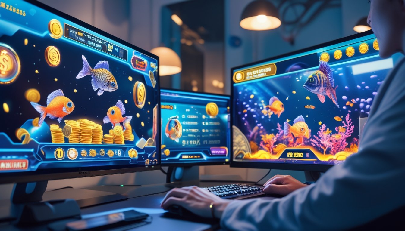 Seseorang bermain permainan tembak ikan online terbaru di komputer dengan tampilan grafis ikan berwarna-warni dan ikon jackpot besar.