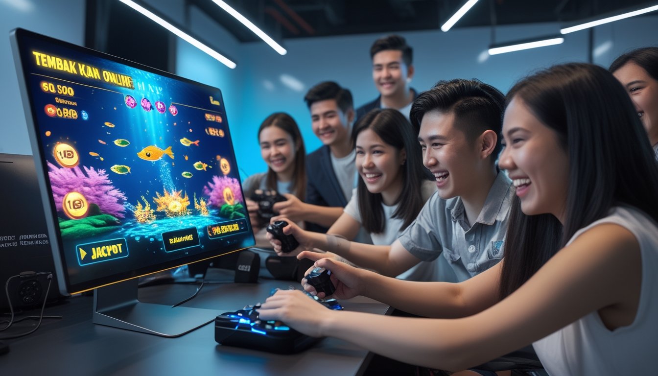 Sekelompok orang muda bermain game tembak ikan online dengan latar layar komputer menampilkan permainan ikan berwarna-warni di ruangan modern.