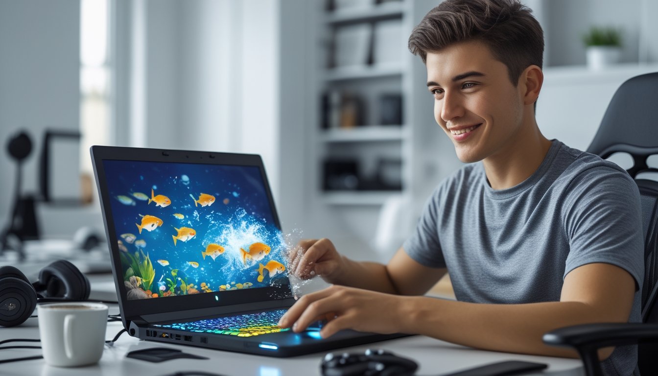 Seorang dewasa muda duduk di meja dengan laptop, bermain game tembak ikan online dengan ekspresi fokus dan senang.