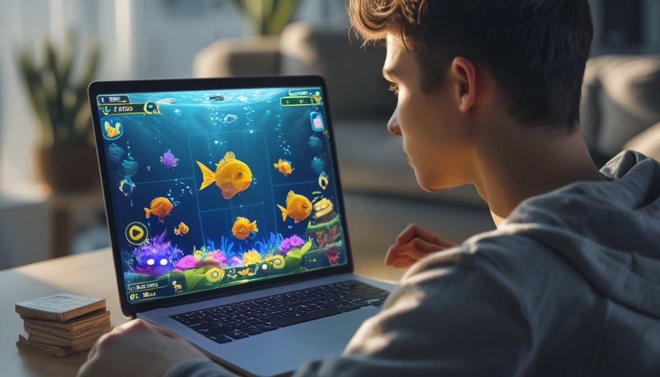 Seorang dewasa muda sedang fokus bermain permainan tembak ikan online di laptop di rumah dengan pencahayaan yang nyaman.