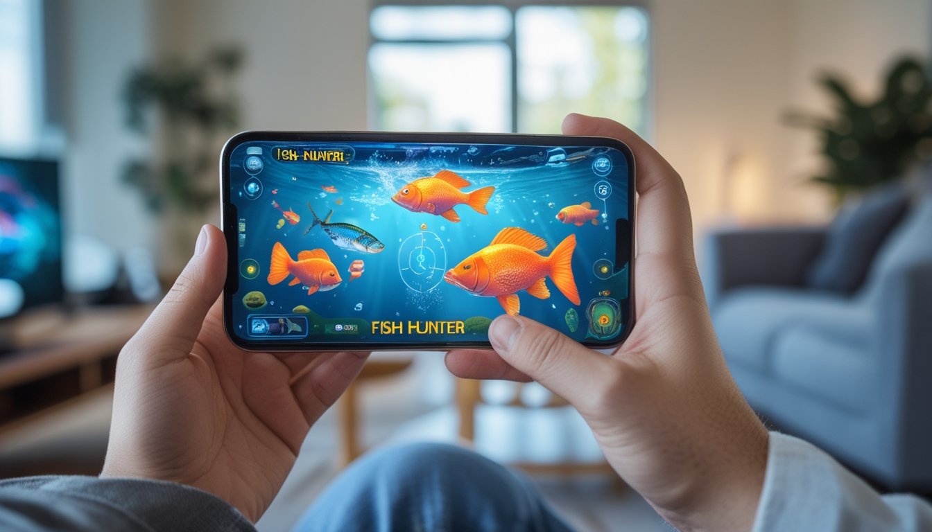 Seseorang memegang ponsel yang menampilkan permainan ikan bergerak berwarna-warni di ruangan tamu yang nyaman.