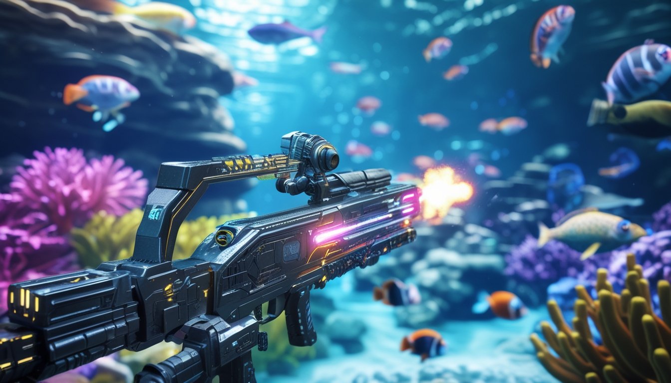 Adegan permainan tembak ikan 3D dengan terumbu karang berwarna-warni dan senjata bawah air futuristik yang diarahkan ke ikan.