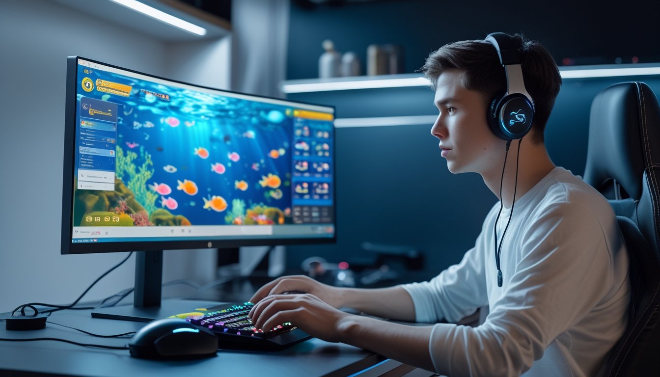 Seorang pria muda sedang bermain game tembak ikan online di komputer di ruang kerja yang rapi dan terang.