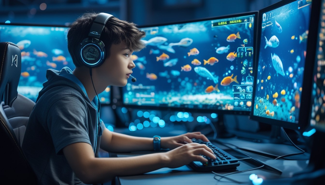 Seorang pemain muda sedang bermain permainan tembak ikan online di depan komputer dengan layar menampilkan ikan berwarna-warni di bawah laut.
