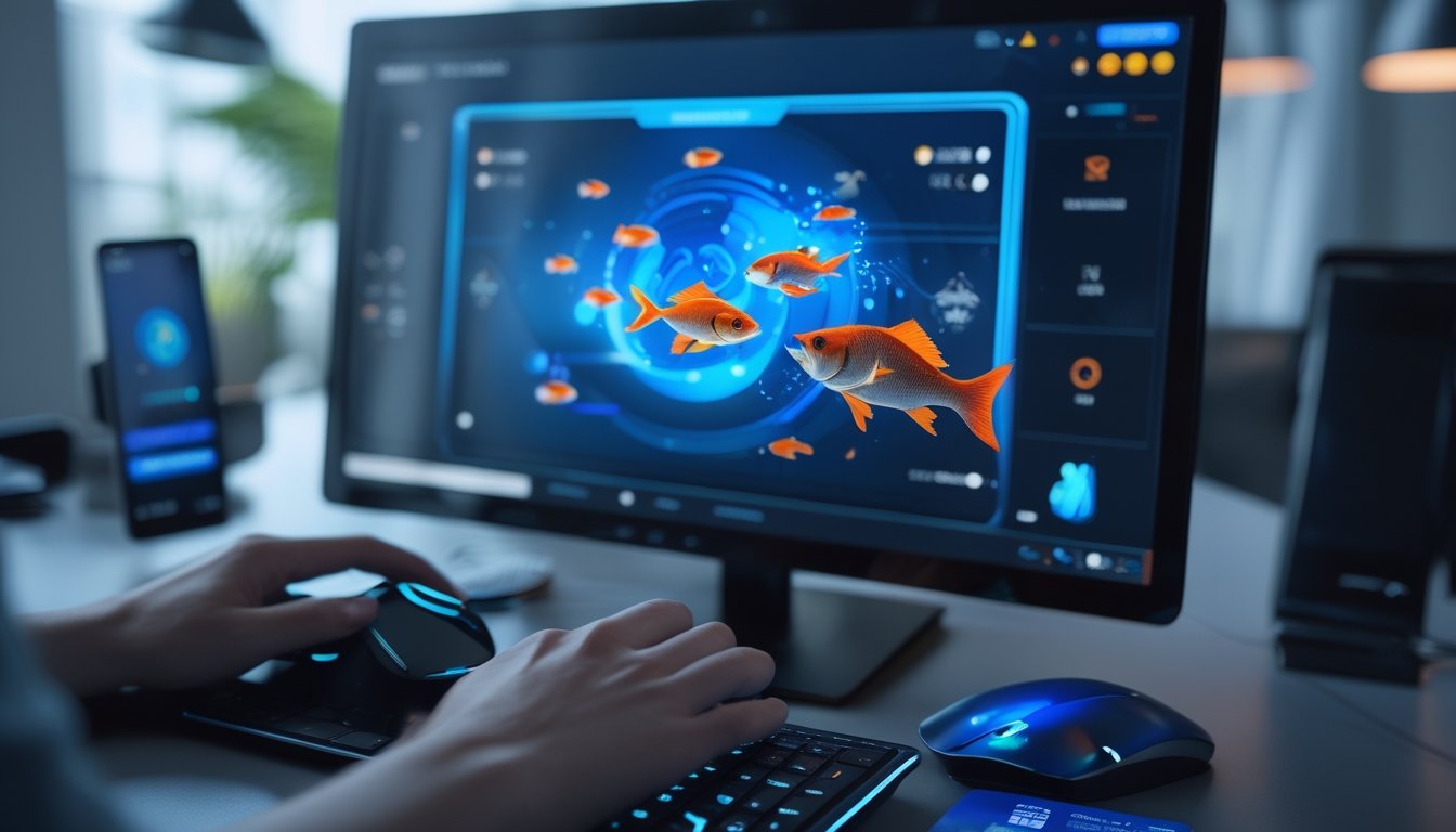 Tampilan layar komputer dengan permainan tembak ikan online dan tangan seseorang menggunakan mouse, di meja terdapat ponsel dan kartu kredit.