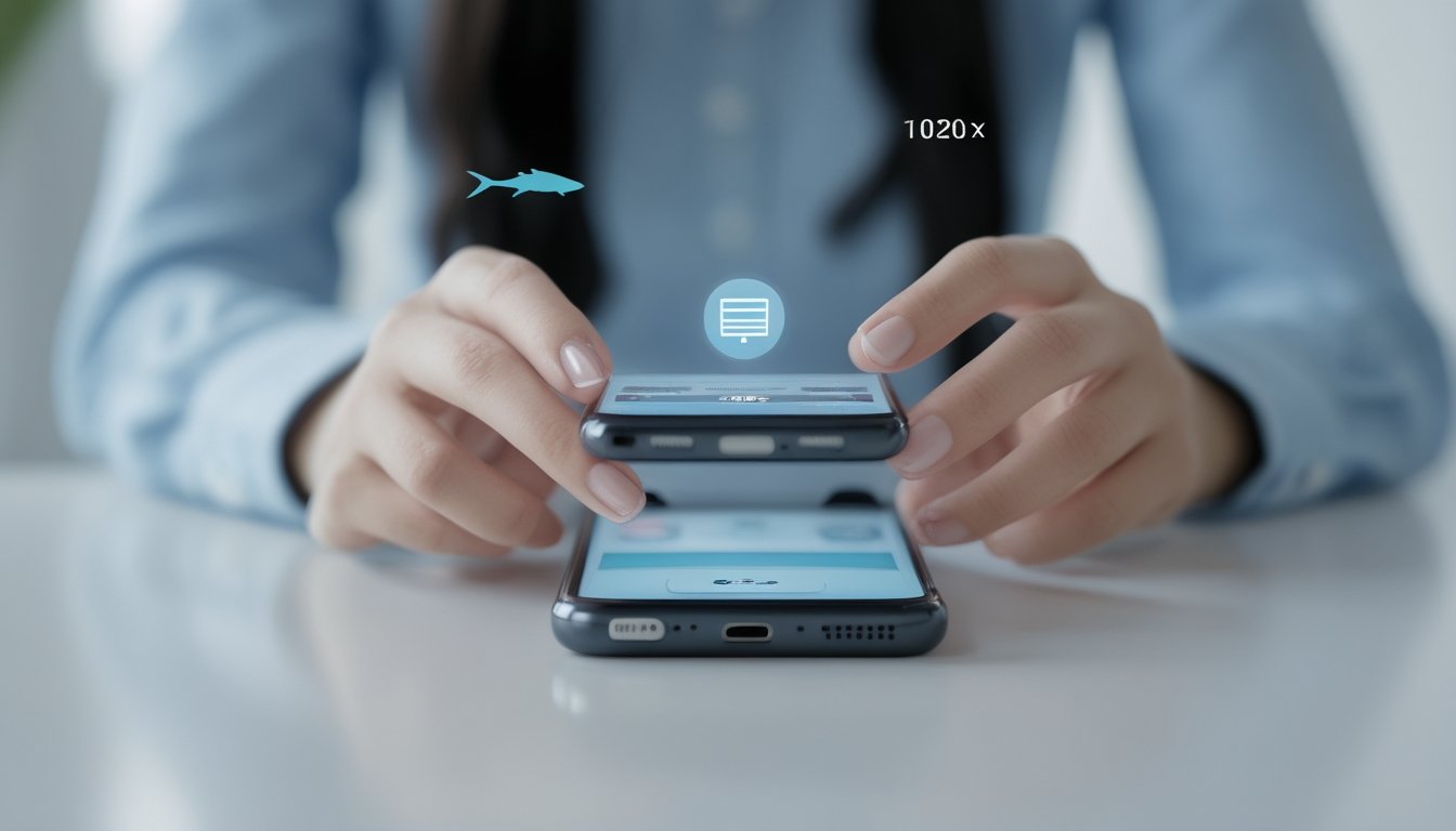 Seseorang menggunakan ponsel pintar untuk melakukan deposit pulsa secara online dengan latar belakang yang samar dan elemen tema permainan ikan.