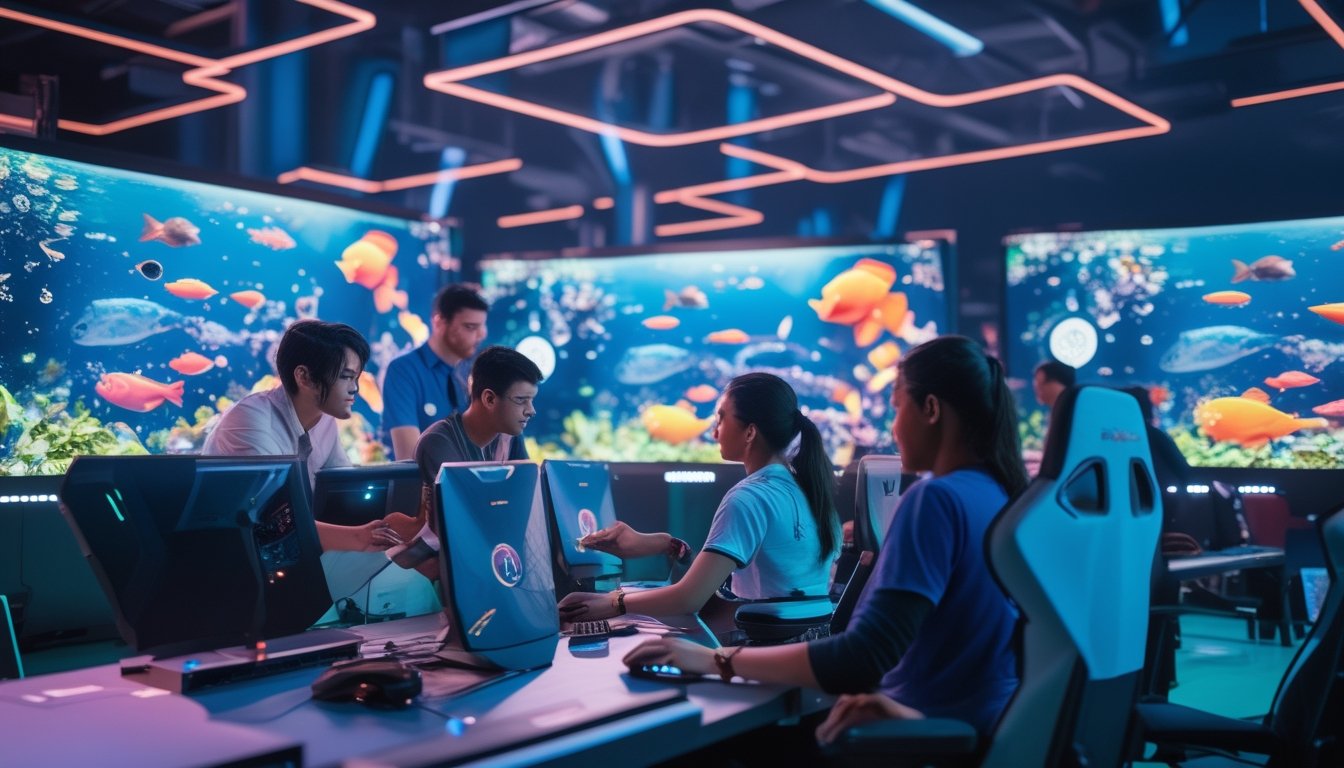 Beberapa pemain yang sedang bermain game tembak ikan online dengan layar komputer menampilkan ikan berwarna-warni di latar bawah laut.