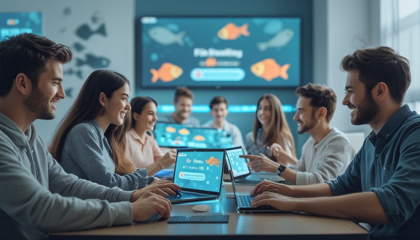 Sekelompok orang muda sedang bermain game tembak ikan online menggunakan berbagai perangkat digital di ruangan yang nyaman dengan dekorasi bertema bawah laut.