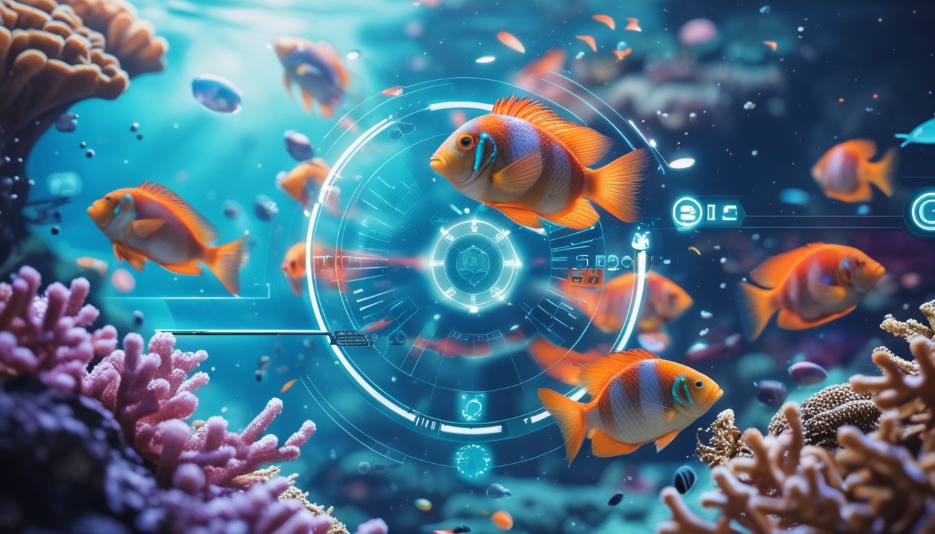 Adegan bawah laut dengan ikan tropis berwarna-warni dan elemen antarmuka permainan tembak ikan online yang futuristik.