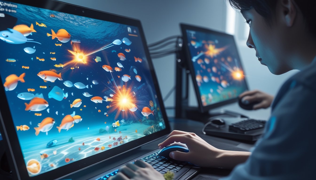 Seorang pemain fokus menggunakan perangkat digital untuk bermain game tembak ikan dengan latar bawah laut penuh ikan warna-warni dan ledakan senjata khusus.
