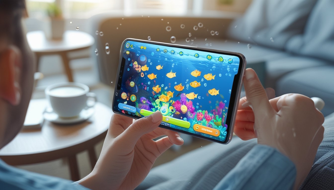 Seorang dewasa muda sedang bermain game tembak ikan di ponsel pintar di ruang tamu yang cerah dan nyaman.