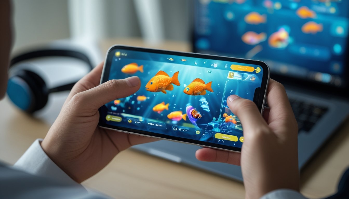 Seseorang memainkan permainan tembak ikan online di ponsel pintar dengan layar menampilkan ikan berwarna-warni dalam suasana santai.