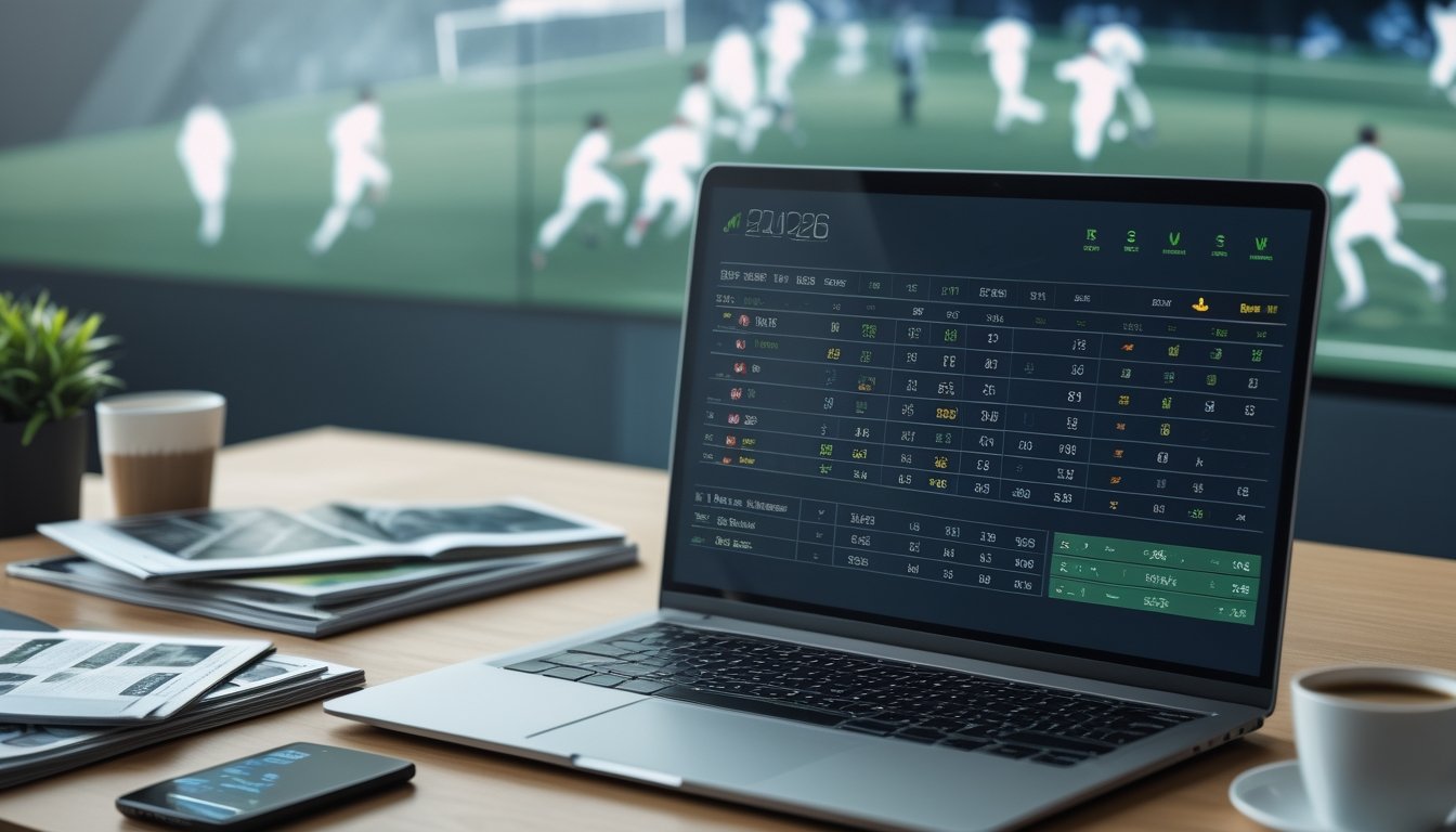 Meja kerja dengan laptop menampilkan statistik taruhan sepak bola, smartphone dengan pembaruan pertandingan langsung, dan latar belakang layar digital dengan gambar pemain sepak bola.