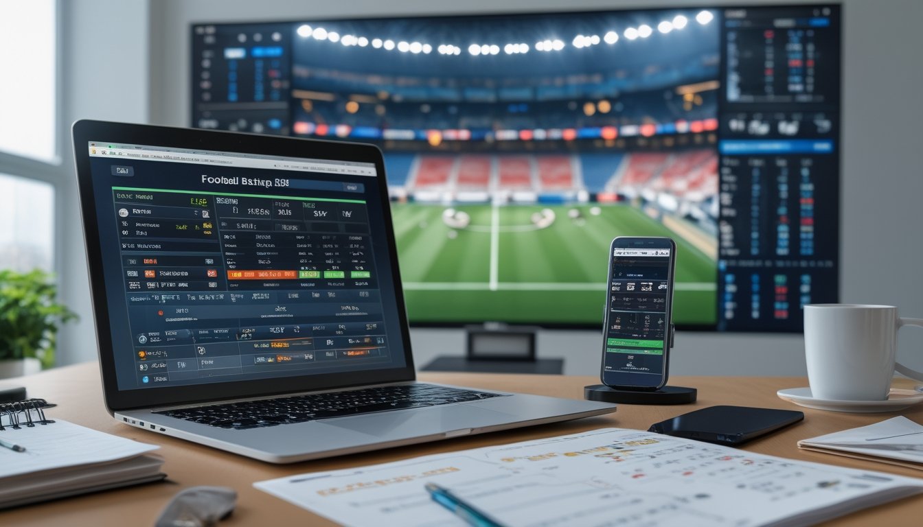 Meja kerja dengan laptop, ponsel, dan dokumen analisis taruhan sepak bola di kantor yang terang.
