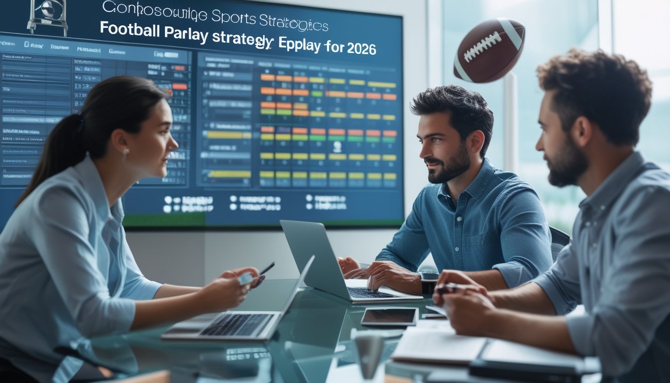Tiga orang sedang berdiskusi serius di ruang kantor dengan layar digital menampilkan statistik dan grafik terkait strategi taruhan bola.