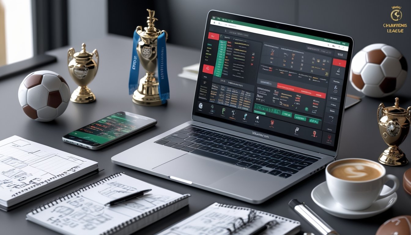 Meja kerja dengan laptop yang menampilkan statistik dan jadwal pertandingan sepak bola Liga Inggris dan Liga Champions, dilengkapi smartphone, catatan, dan dekorasi bertema sepak bola.
