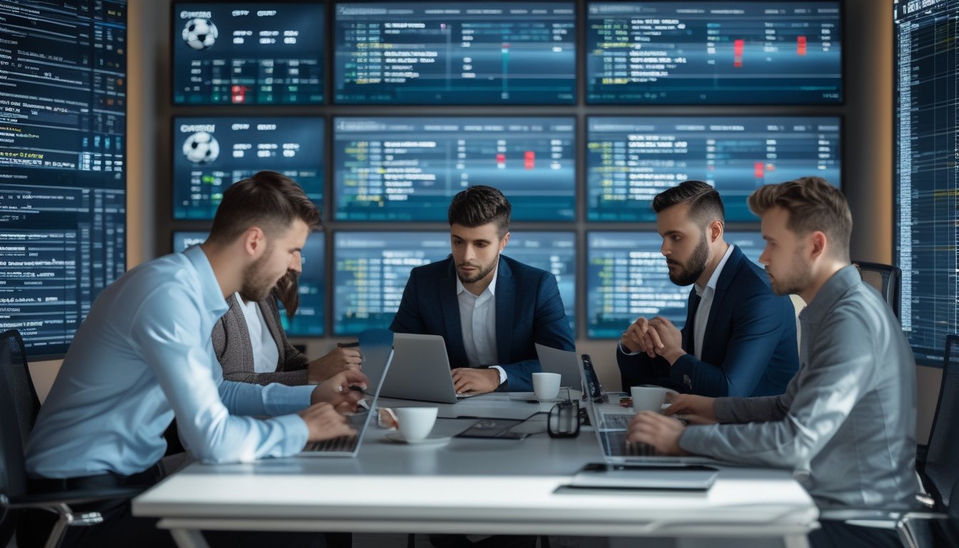 Sekelompok analis sedang bekerja bersama di kantor dengan layar komputer yang menampilkan data dan grafik sepak bola Liga Inggris dan Liga Champions.
