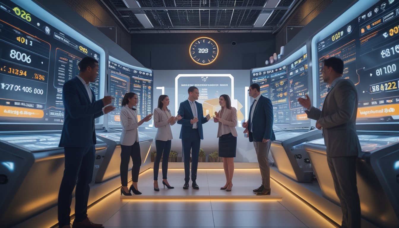 Sekelompok orang sedang melihat layar sentuh digital dengan grafik taruhan olahraga dan suasana ruangan modern yang terang.