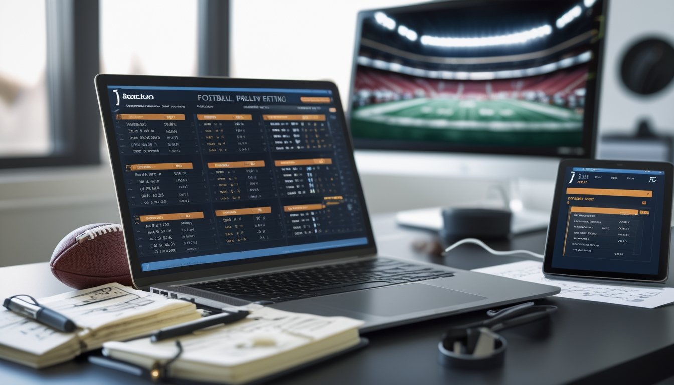 Suasana ruang kerja modern dengan laptop yang menampilkan statistik dan peluang taruhan sepak bola, notebook dengan catatan, ponsel dengan aplikasi taruhan, dan miniatur bola sepak di atas meja.