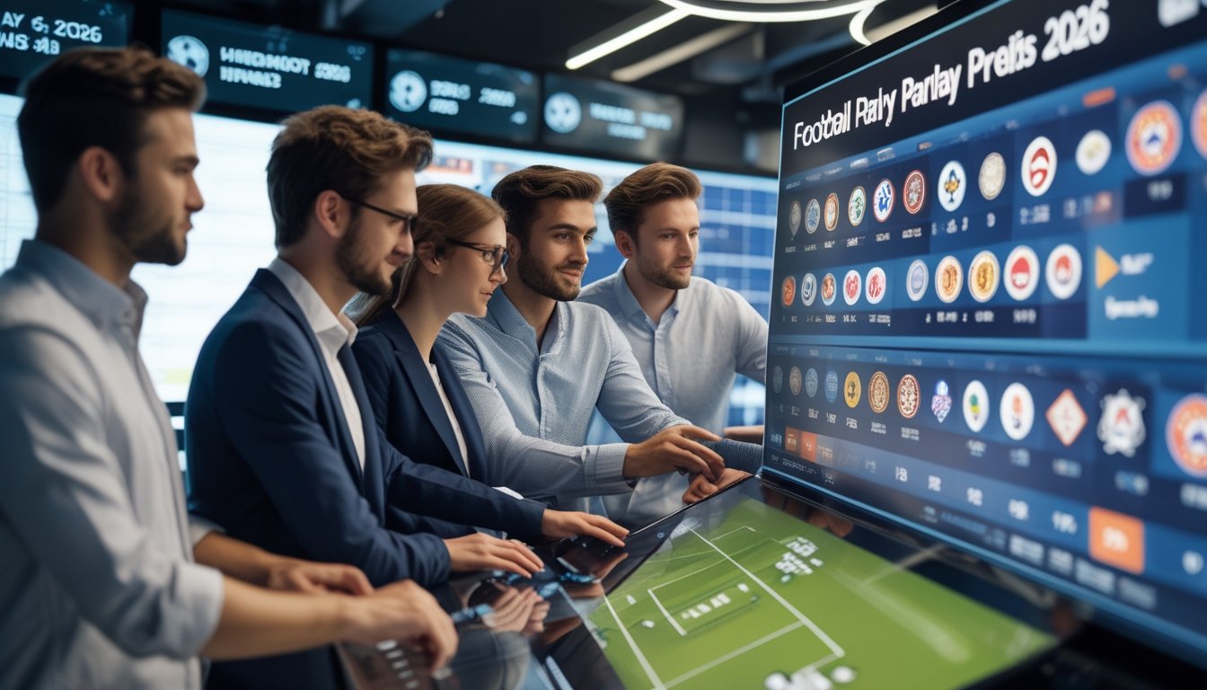 Sekelompok orang muda sedang berdiskusi di depan layar sentuh besar menampilkan jadwal pertandingan sepak bola dan data statistik.