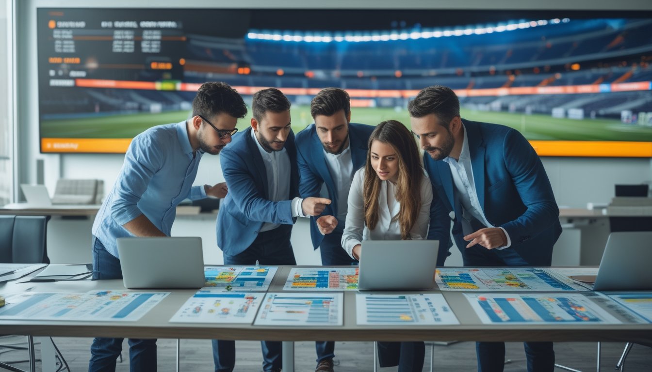 Empat orang berdiskusi serius di kantor modern dengan layar menampilkan statistik pertandingan sepak bola dan data taruhan parlay.