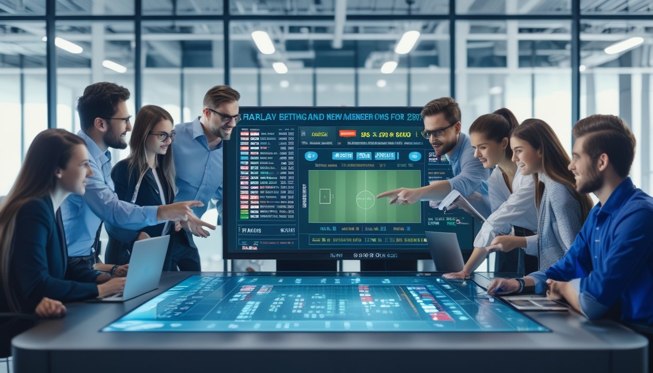 Sekelompok profesional muda sedang berdiskusi di ruang kantor modern dengan layar digital besar yang menampilkan data taruhan olahraga.