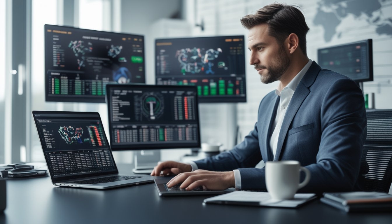 Seorang pria profesional sedang bekerja di meja dengan beberapa layar digital menampilkan data taruhan bola parlay.