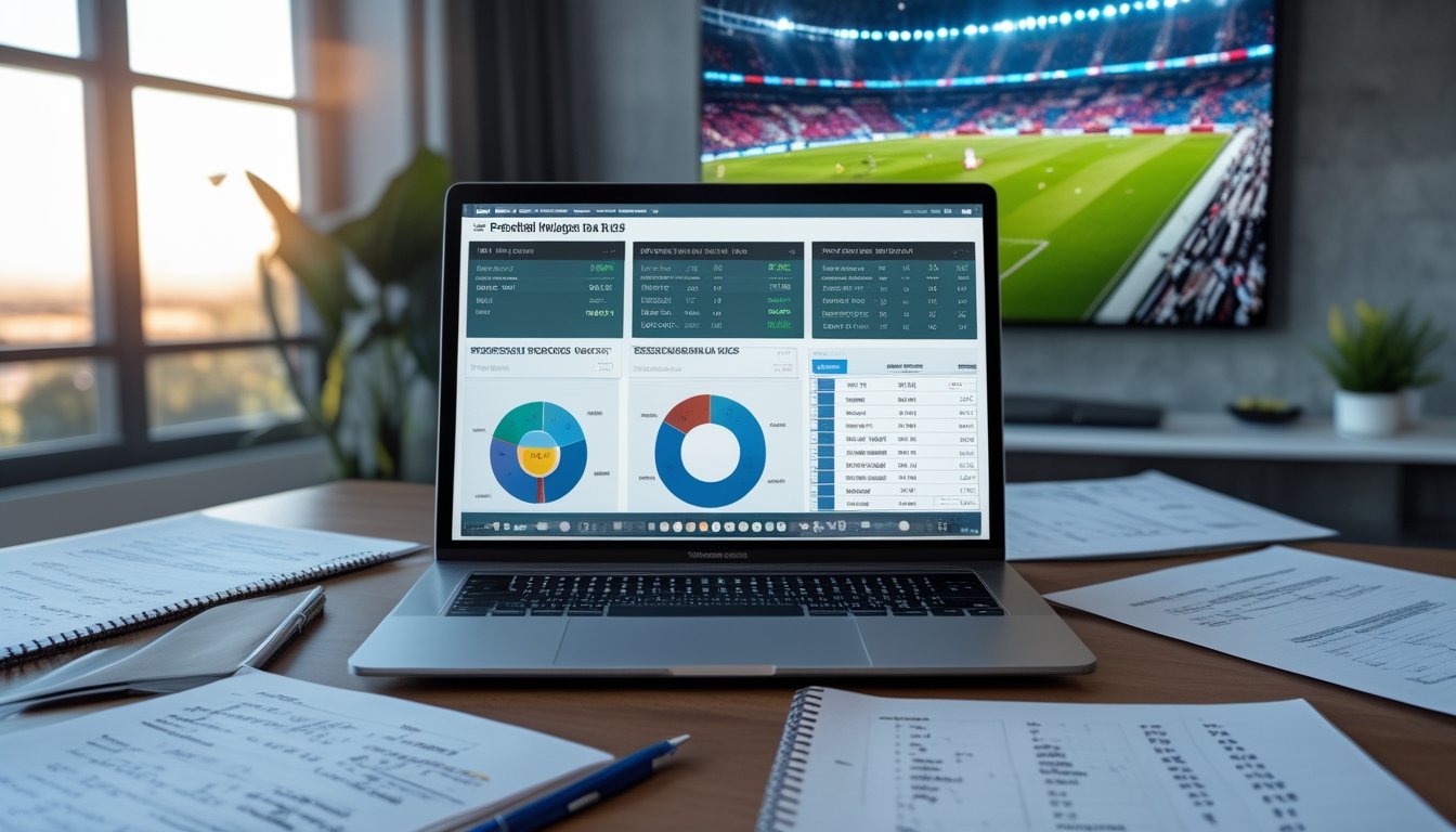 Meja kerja dengan laptop menampilkan statistik pertandingan sepak bola, kertas data, dan layar besar yang menayangkan pertandingan sepak bola langsung.