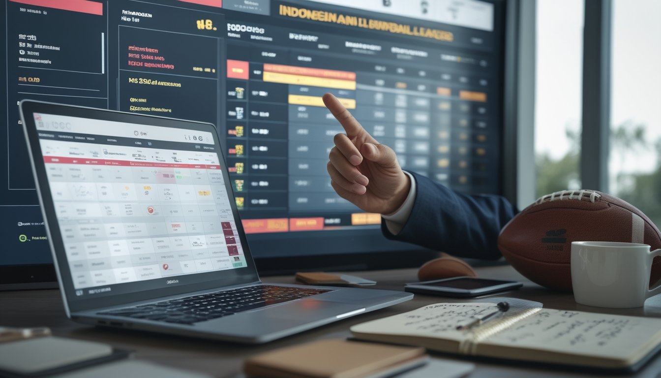 Seseorang sedang menganalisis data sepak bola di meja kerja dengan laptop, papan digital, dan bola sepak bola di sekitar.