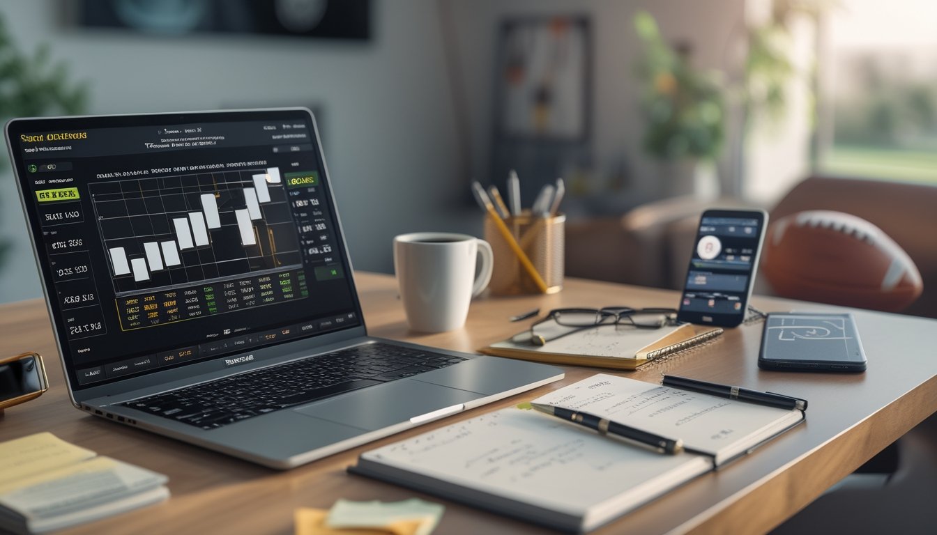 Meja kerja dengan laptop menampilkan grafik taruhan bola, buku catatan, kopi, dan ponsel dengan informasi pertandingan sepak bola.