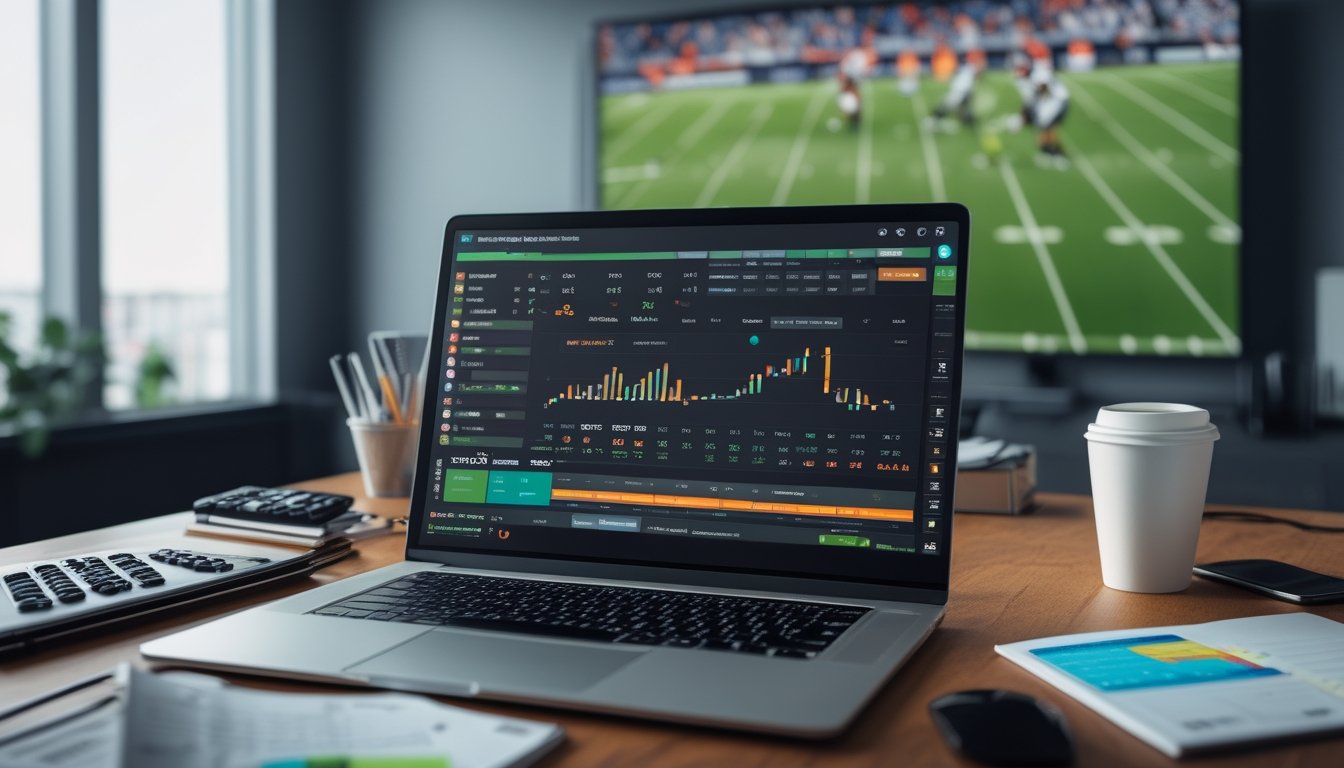 Meja kerja dengan laptop yang menampilkan statistik taruhan bola, kalkulator, catatan, dan layar TV yang menayangkan pertandingan sepak bola.