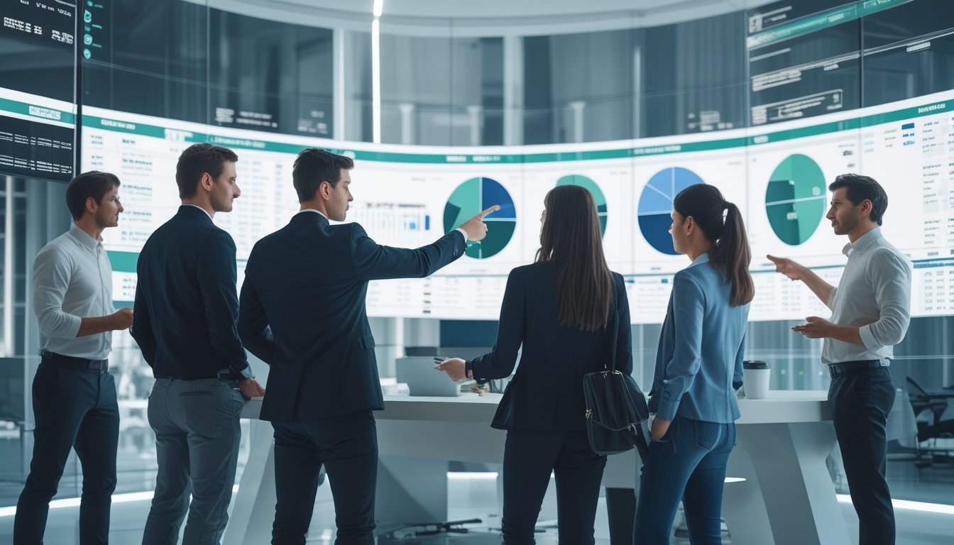 Orang-orang di ruang kantor modern sedang menganalisis data skor langsung dan taruhan parlay sepak bola pada beberapa monitor.