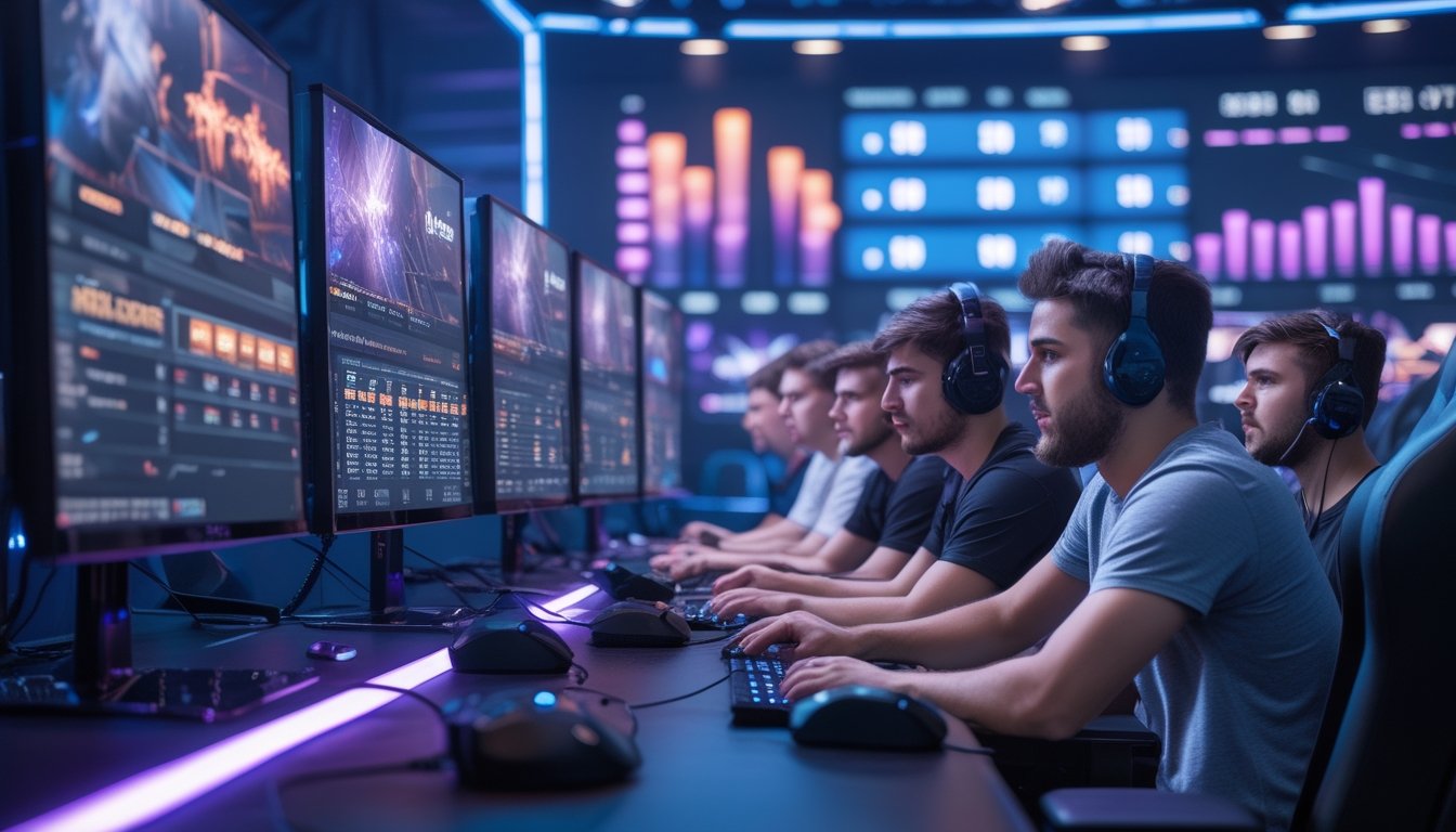 Sekelompok orang muda fokus bermain dan bertaruh pada pertandingan esports di ruang bermain modern dengan pencahayaan biru dan ungu.