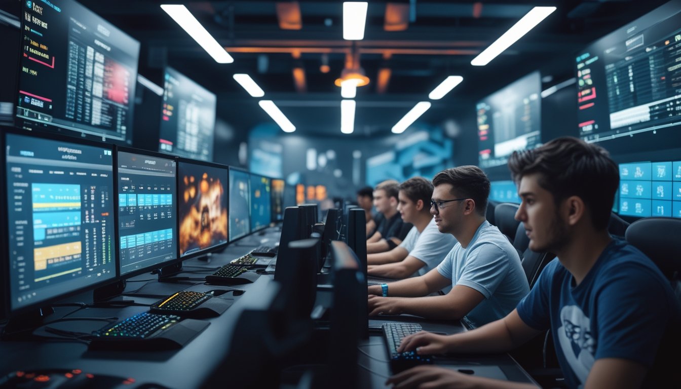 Sekelompok orang muda sedang menggunakan komputer untuk memasang taruhan esports di sebuah ruangan gaming modern.