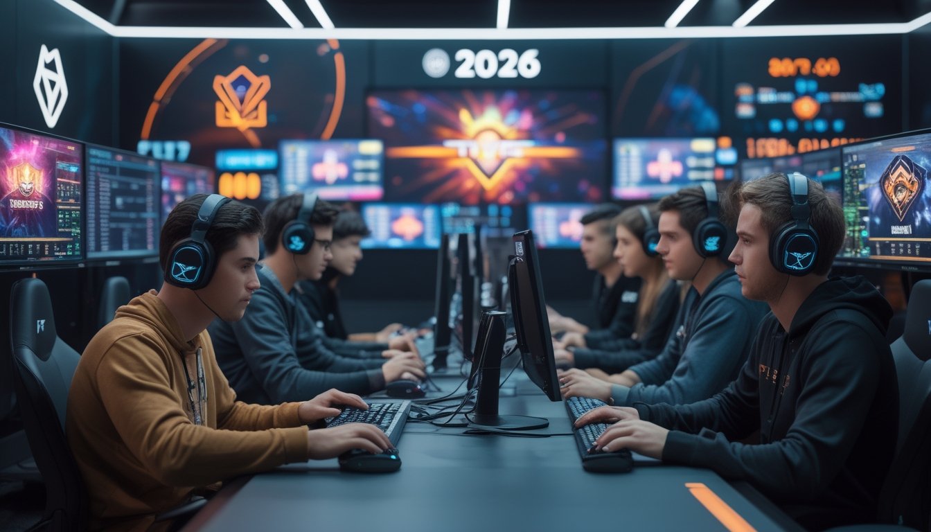 Sekelompok orang muda sedang fokus bermain dan bertaruh langsung pada permainan esports di ruangan dengan layar komputer besar dan pencahayaan modern.