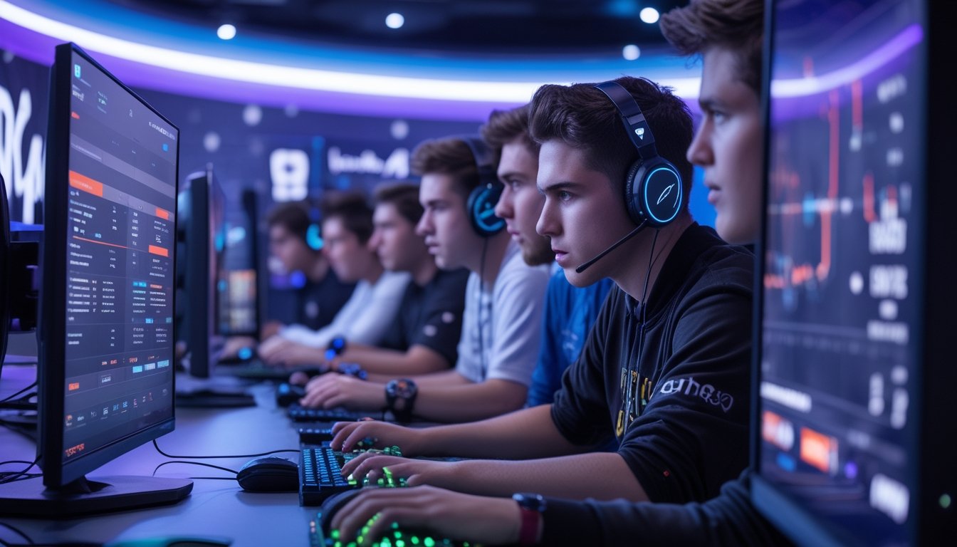 Sekelompok orang muda sedang fokus pada layar komputer besar yang menampilkan pertandingan dan taruhan langsung esports populer di sebuah ruang permainan modern.