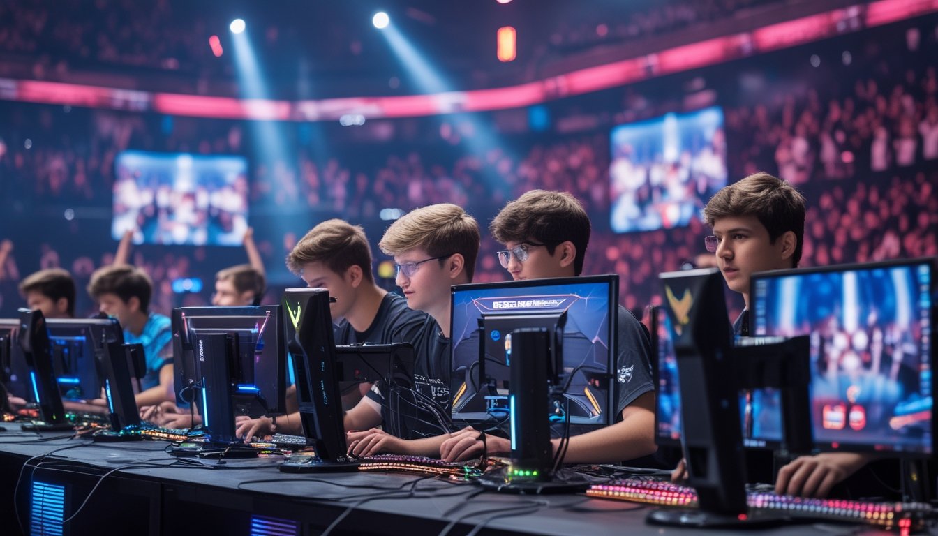 Sejumlah orang muda sedang bermain game esports di arena turnamen dengan komputer dan layar besar, suasana penuh semangat dan ramai.