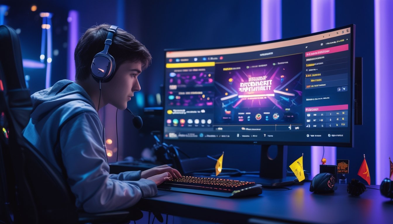 Seorang gamer muda sedang fokus bermain di depan monitor besar dengan tampilan turnamen esports dan perangkat gaming di meja dalam ruangan dengan pencahayaan biru dan ungu.