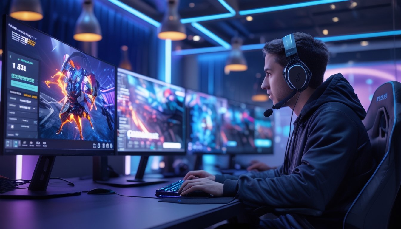 Seorang gamer muda sedang bermain game esports di ruangan gaming modern dengan beberapa monitor dan pencahayaan neon.