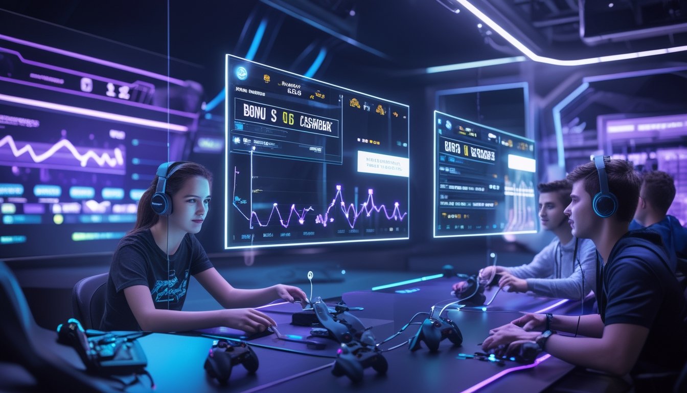 Beberapa orang muda sedang menggunakan antarmuka digital futuristik untuk taruhan esports di lingkungan gaming modern.