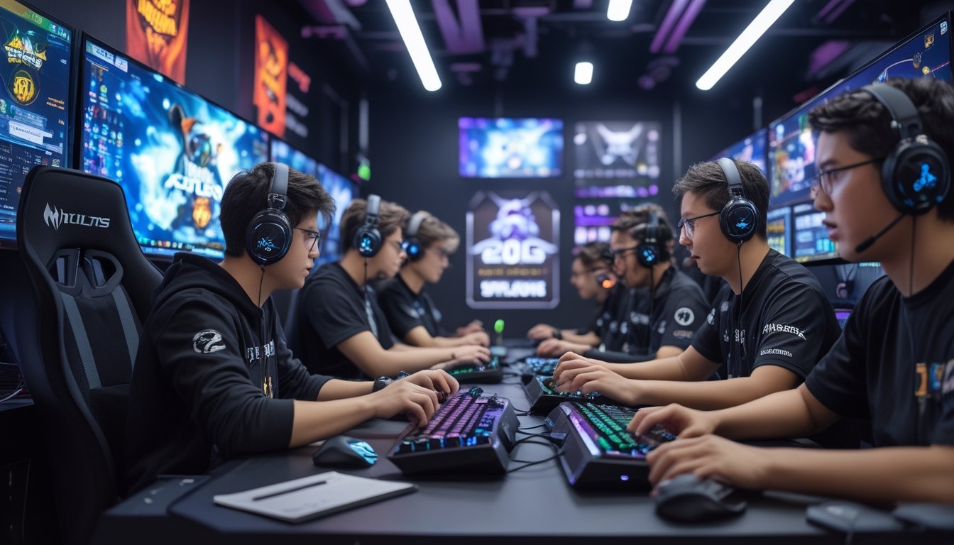 Sekelompok pemain esports dengan berbagai tingkat keahlian sedang bermain Mobile Legends dan Dota 2 di sebuah ruang game modern dengan peralatan gaming lengkap.