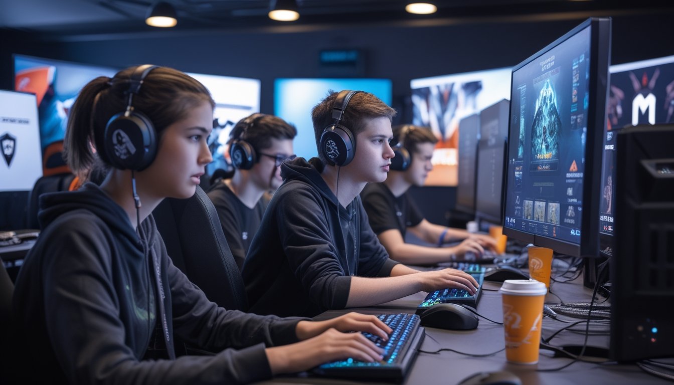 Sekelompok pemain muda sedang bermain game Mobile Legends dan Dota 2 di ruang permainan dengan komputer dan peralatan gaming.