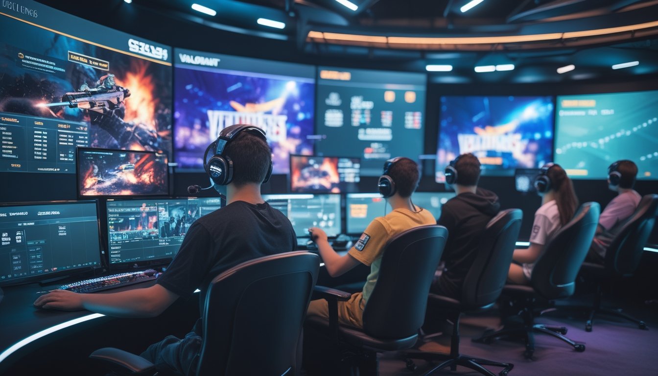 Sekelompok pemain esports muda sedang melakukan streaming langsung dengan peralatan gaming modern, fokus pada pertandingan Valorant dan CS2 dengan tampilan statistik dan taruhan real-time di layar.