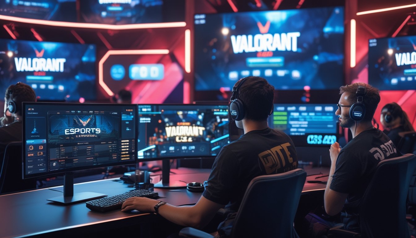 Suasana studio esports dengan komentator yang sedang membahas pertandingan Valorant dan CS2 sambil menampilkan layar permainan dan statistik taruhan secara langsung.