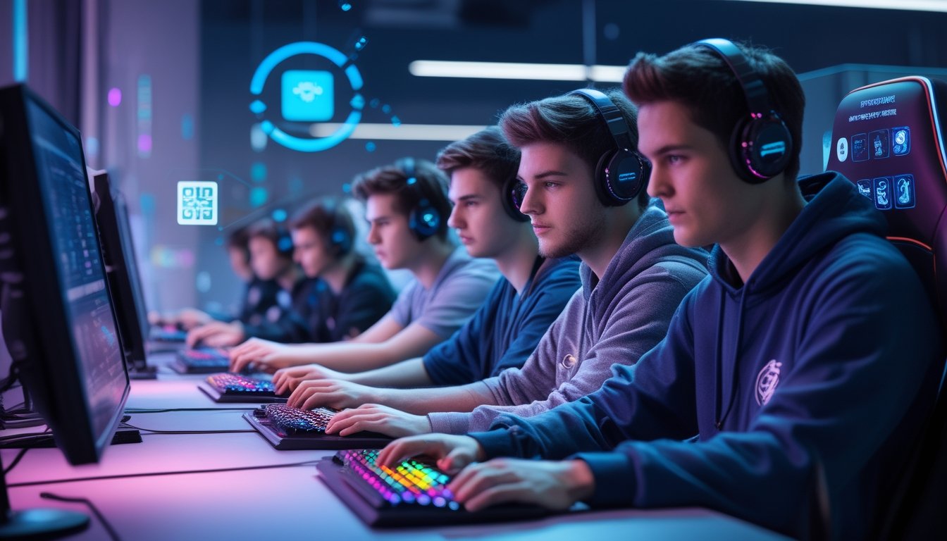Sekelompok orang muda bermain game esports secara serius di ruang permainan dengan pencahayaan warna-warni dan peralatan gaming modern.