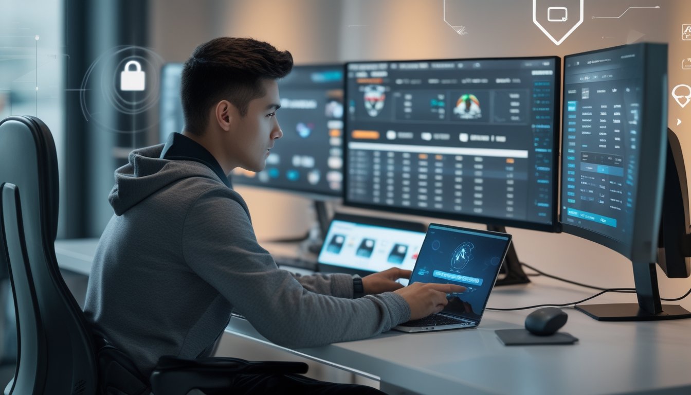 Seorang dewasa muda menggunakan ponsel dan laptop di meja dengan layar menampilkan permainan esports dan peluang taruhan.