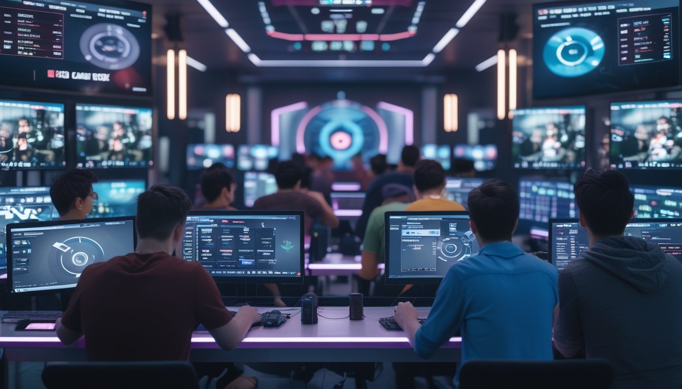 Beberapa orang muda sedang fokus menonton pertandingan esports di layar komputer dengan informasi odds dan prediksi, di sebuah ruang permainan modern.