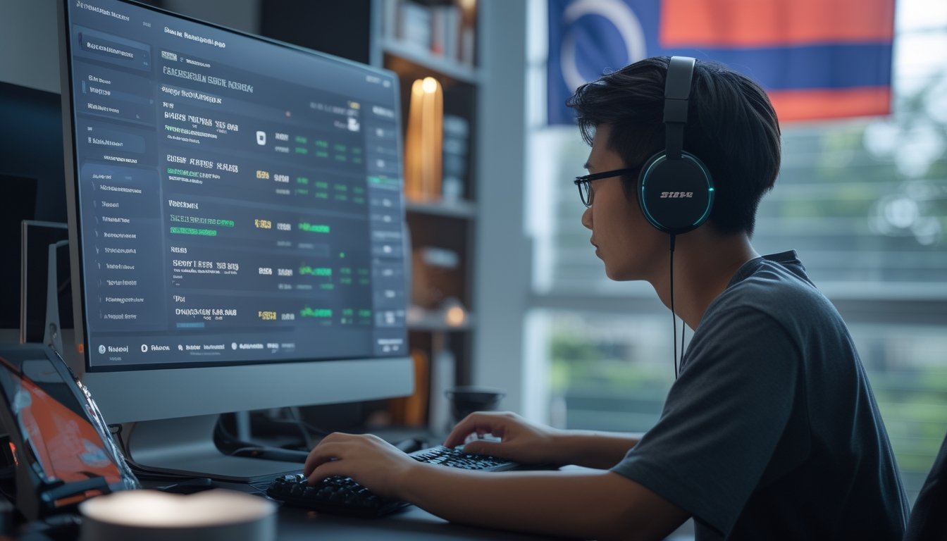 Seorang pria muda di ruang gaming modern sedang fokus menggunakan komputer dengan tampilan platform judi esports di layar.