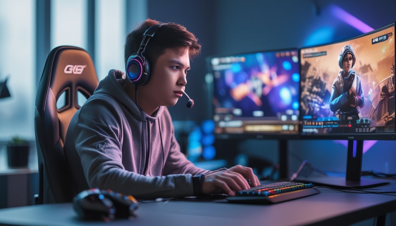 Seorang gamer muda fokus bermain di depan layar komputer dengan headset di ruangan gaming modern.
